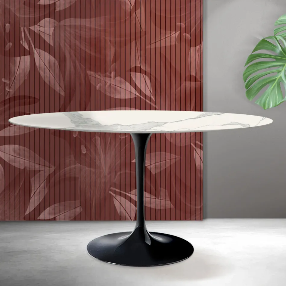 Mesa ovalada Tulip Saarinen de 74 cm de altura en cerámica Florim Statuario mate - Escarlata Viadurini