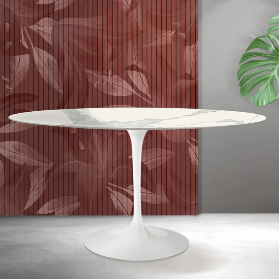 Mesa ovalada Tulip Saarinen de 74 cm de altura en cerámica Florim Statuario mate - Escarlata Viadurini