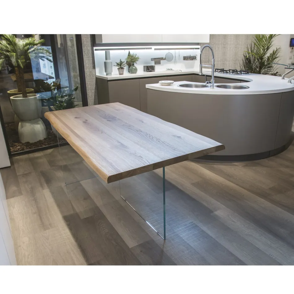 Mesa de roble macizo chapado y base de cristal Made in Italy - Noelia Viadurini