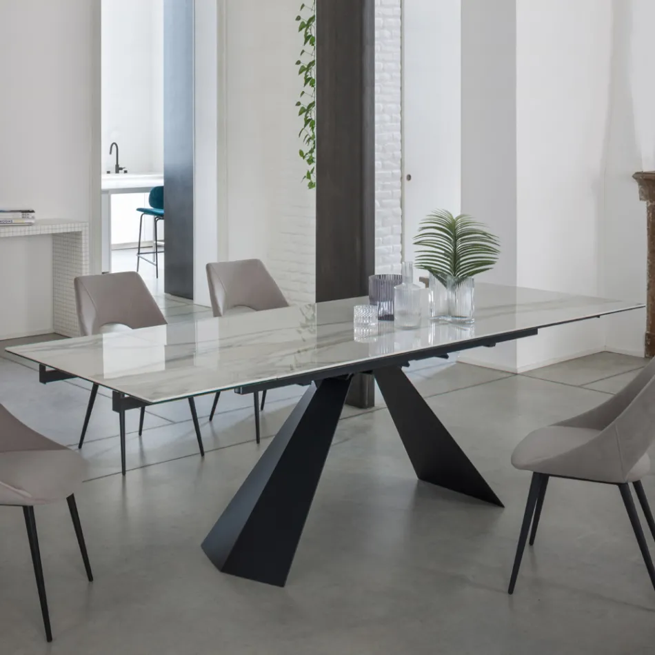 Mesa de Comedor Extensible Hasta 270 cms con Sobre de Cristal Cerámico - Trasimeno Viadurini