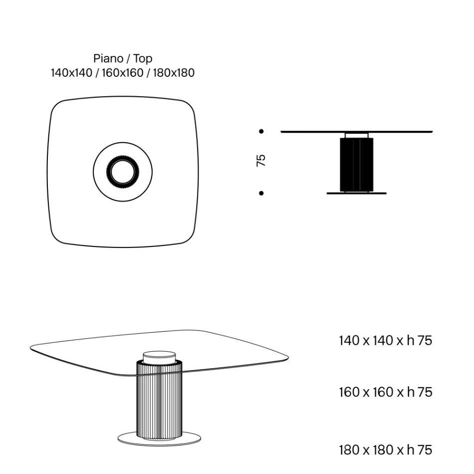Mesa de Comedor con Tapa Cuadrada de Vidrio y Base de Madera Made in Italy - Kuadro Viadurini