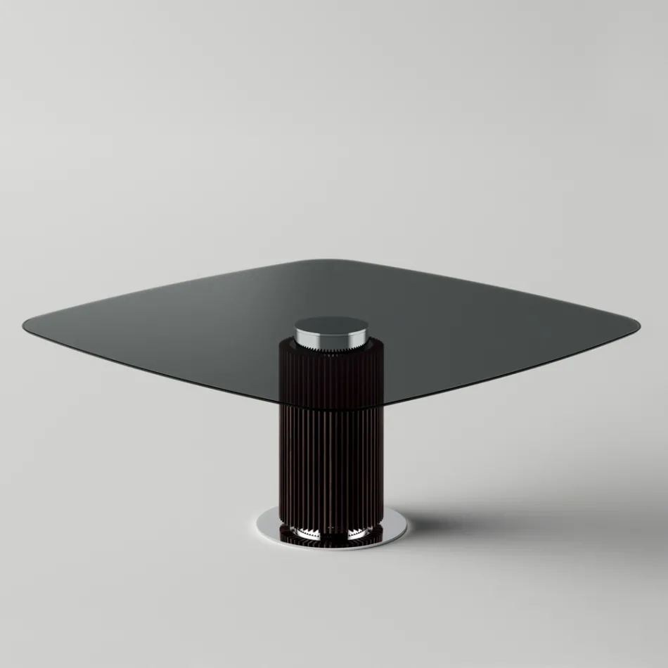 Mesa de Comedor con Tapa Cuadrada de Vidrio y Base de Madera Made in Italy - Kuadro Viadurini