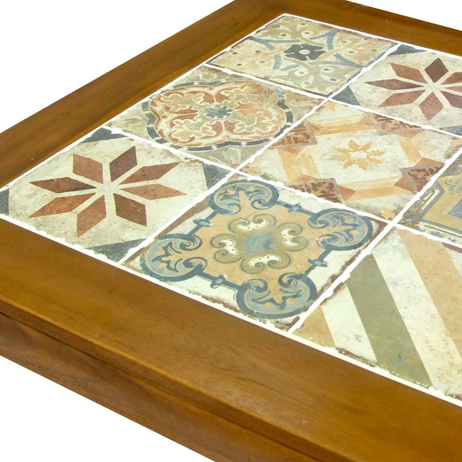 Mesa cuadrada de madera de acacia y tapa de cerámica - Técnica Viadurini