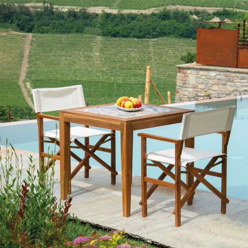 Mesa cuadrada de madera de acacia y tapa de cerámica - Técnica Viadurini