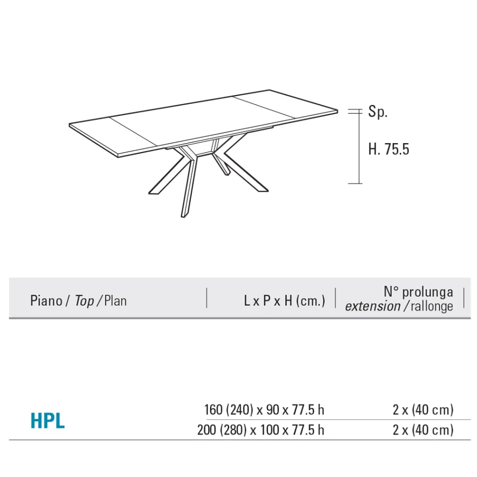 Mesa Rectangular Extensible a 240 o 280 cm en HPL y Metal - Presente Viadurini