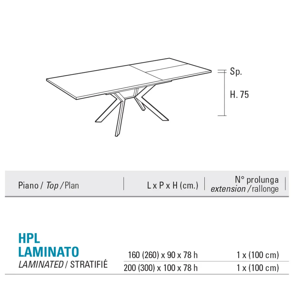 Mesa Rectangular Extensible a 260 o 300 cm en HPL y Metal - Charmy Viadurini