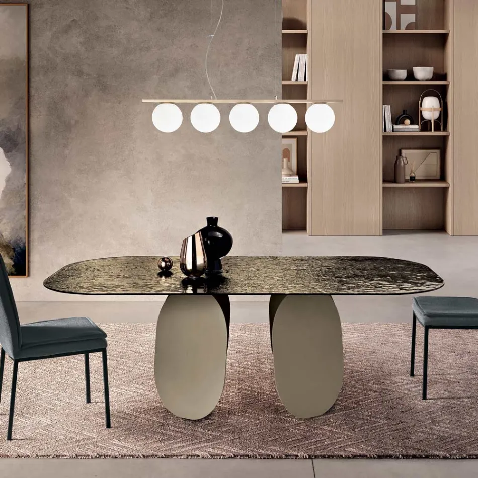 Mesa rectangular de cristal martillado con reverso plateado, fabricada en Italia - Almo Viadurini