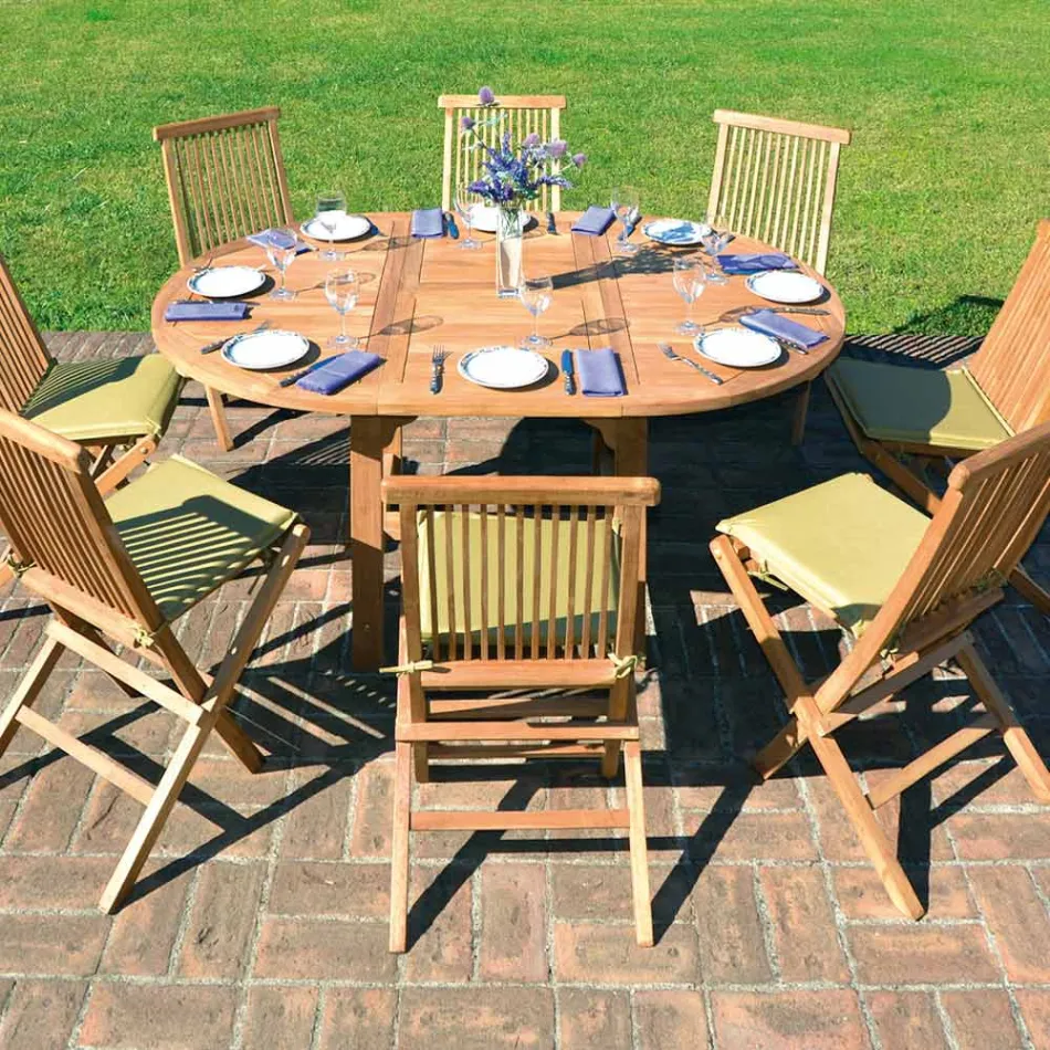 Mesa de exterior redonda extensible hasta 170 cm fabricada en teca - Armonia Viadurini