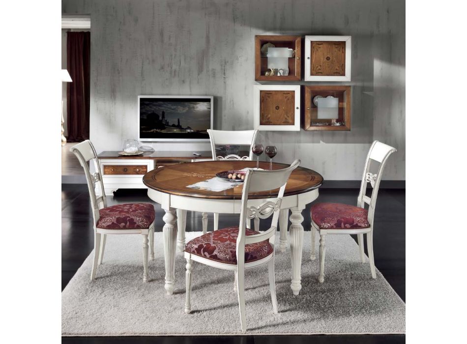 Mesa redonda extensible con incrustaciones y 4 sillas Made in Italy - Alite Viadurini