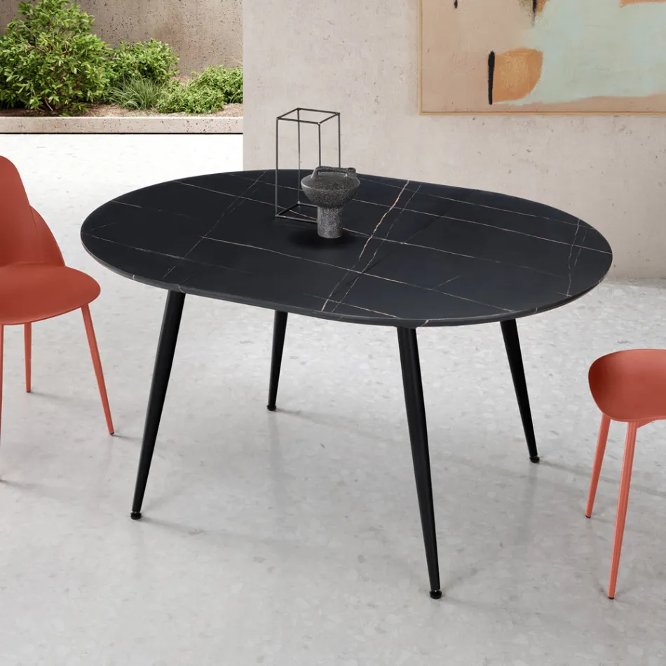 Mesa redonda para seis personas con tablero de MDF y base metálica - Croma Viadurini