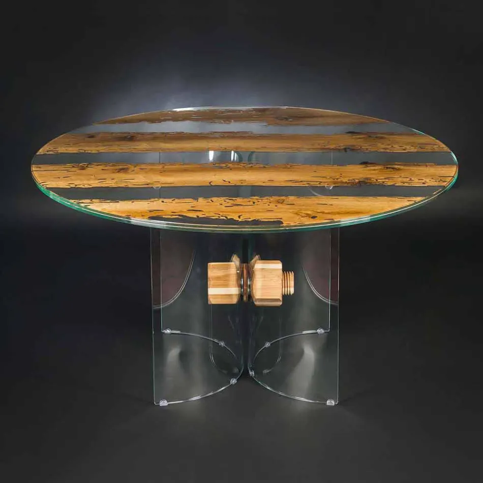 mesa de diseño redondo de cristal veneciano y el delfín de madera Viadurini