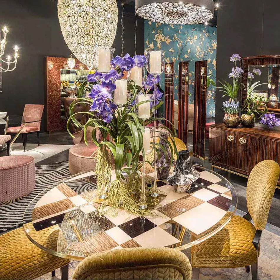 modeno Mesa redonda con tapa de cristal y incrustaciones Ozzy wood Viadurini