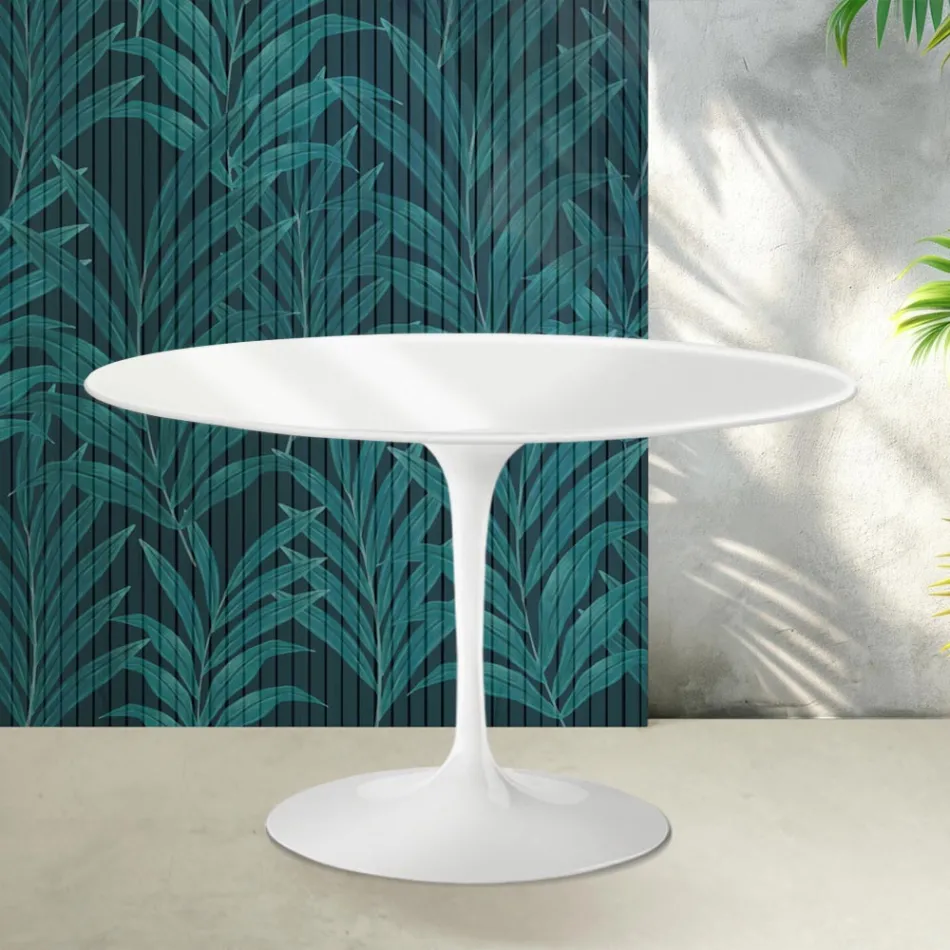 Mesa redonda Tulip de Saarinen, 74 cm de altura, en cerámica Florim blanca brillante - Scarlet Viadurini