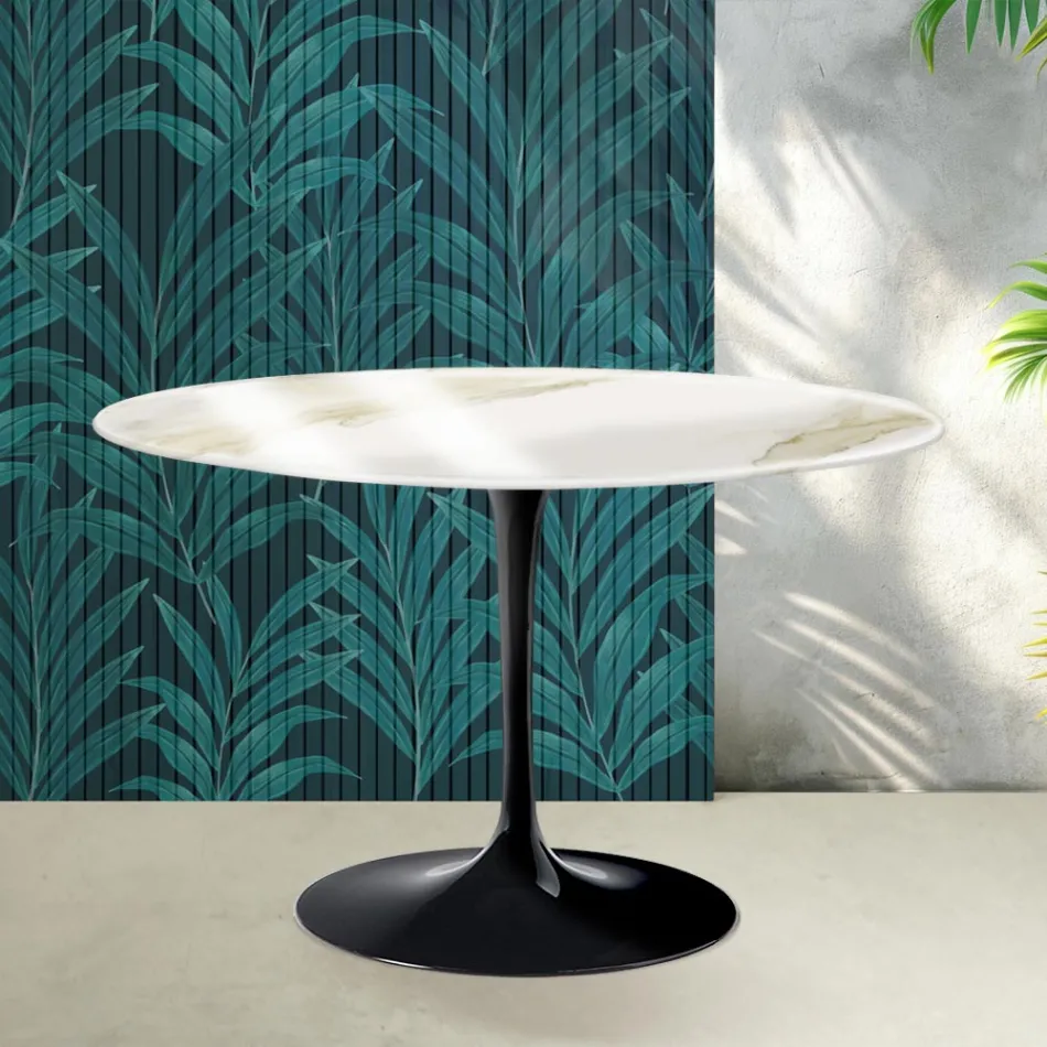 Mesa redonda Tulip de Saarinen, 74 cm de altura, en cerámica Florim Calacatta Gold Gloss - Scarlet Viadurini