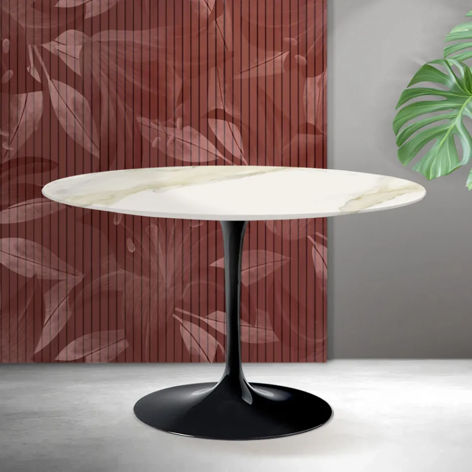 Mesa redonda Tulip de Saarinen, 74 cm de altura, en cerámica mate Florim Calacatta Gold - Escarlata Viadurini