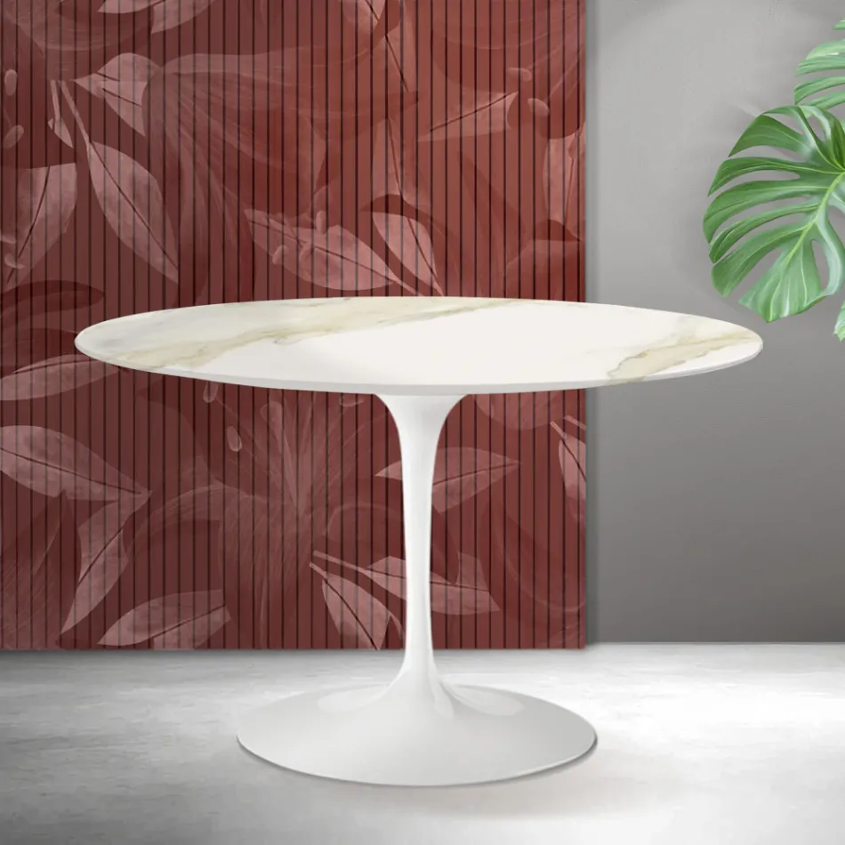 Mesa redonda Tulip de Saarinen, 74 cm de altura, en cerámica mate Florim Calacatta Gold - Escarlata Viadurini
