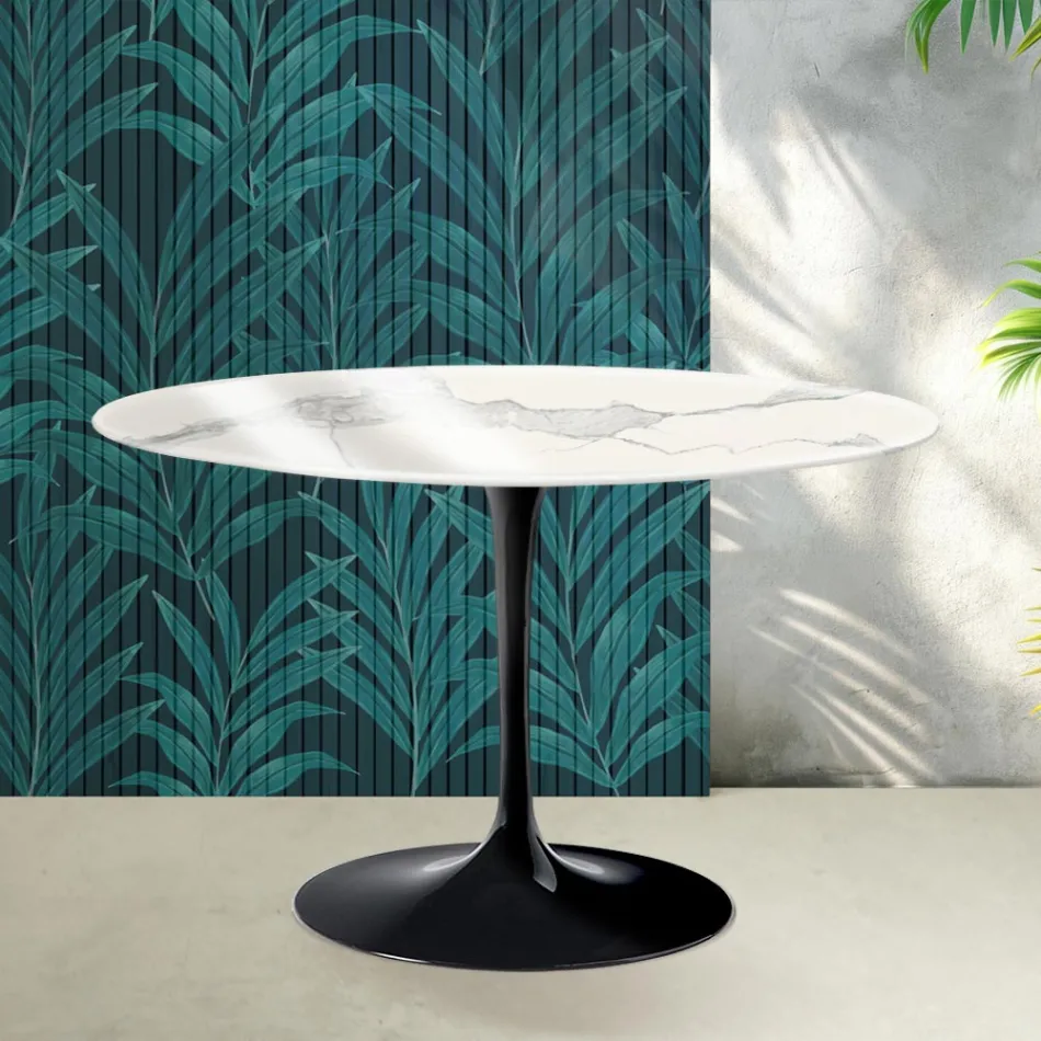 Mesa redonda Tulip de Saarinen, 74 cm de altura, en cerámica Statuario Florim brillante - Escarlata Viadurini
