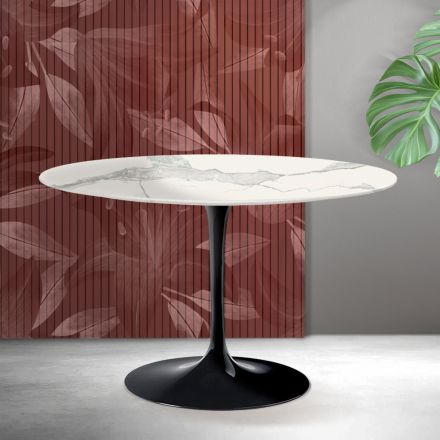 Mesa redonda Tulip de Saarinen, 74 cm de altura, en cerámica mate Florim Statuario - Escarlata Viadurini