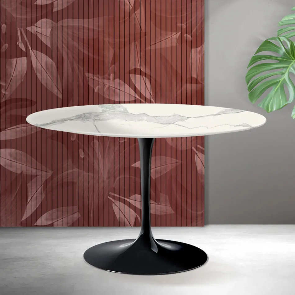 Mesa redonda Tulip de Saarinen, 74 cm de altura, en cerámica mate Florim Statuario - Escarlata Viadurini