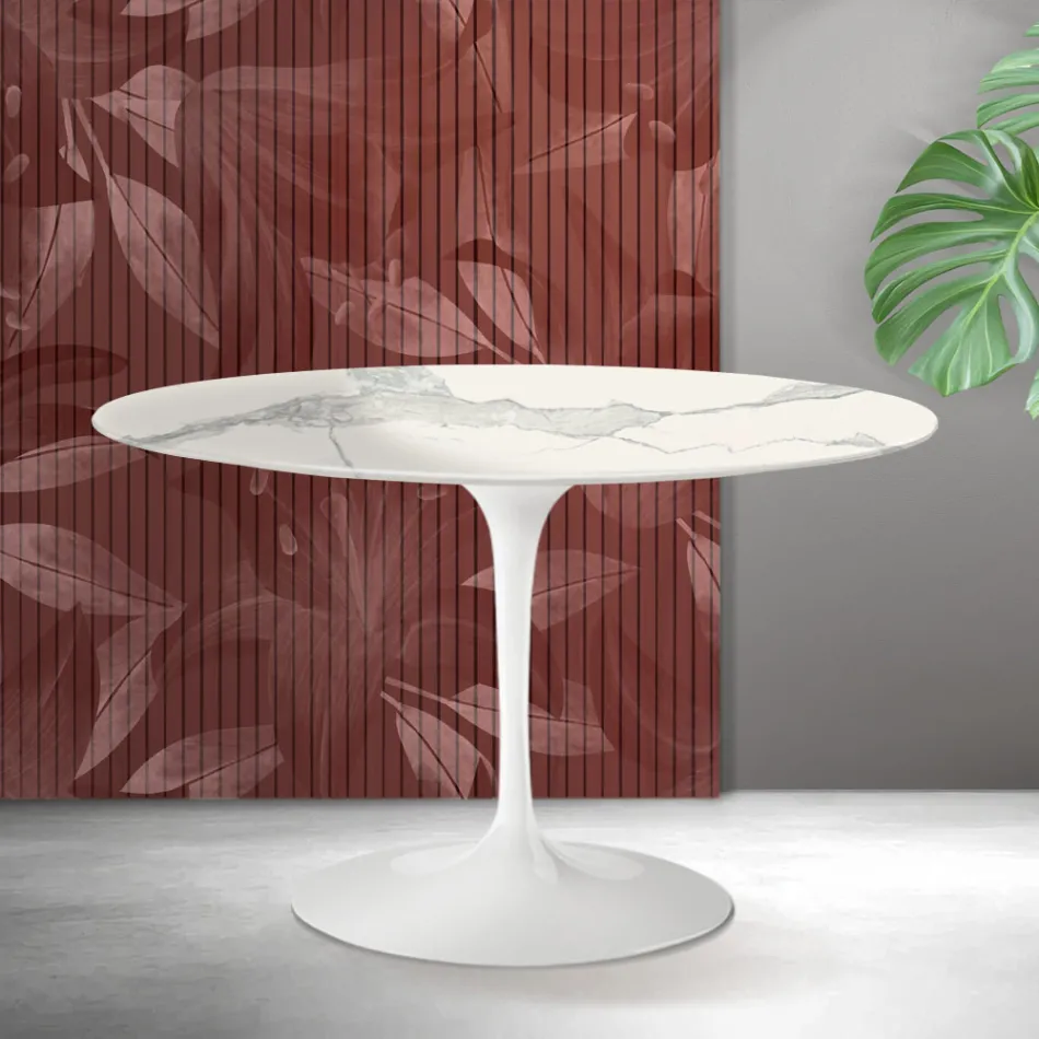 Mesa redonda Tulip de Saarinen, 74 cm de altura, en cerámica mate Florim Statuario - Escarlata Viadurini