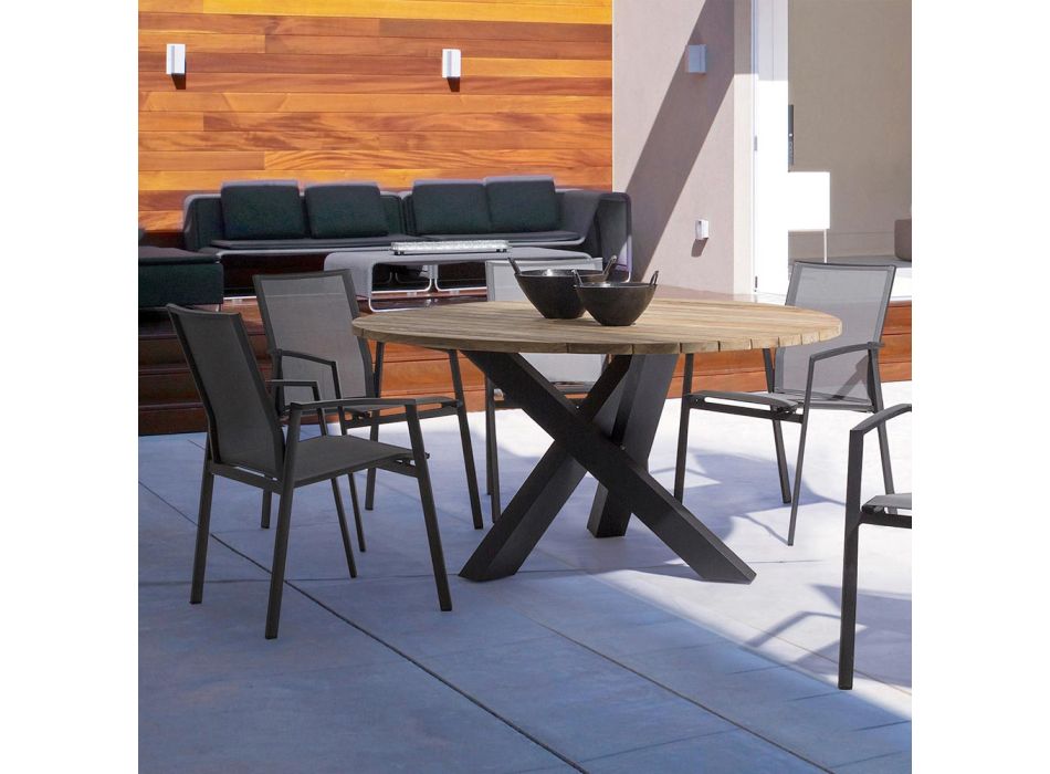 Mesa redonda moderna para exteriores con Homemotion - Sobre de madera de teca Ruben Viadurini