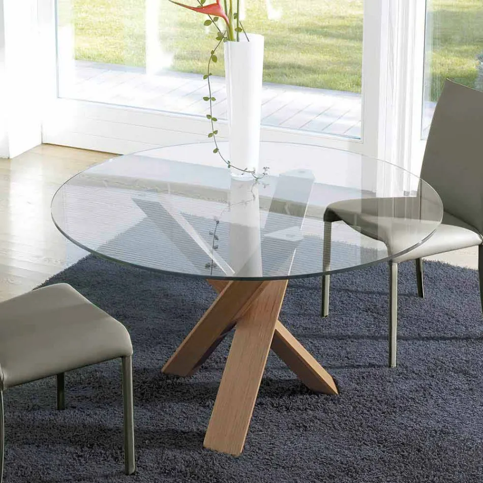 Mesa redonda de diseño d.160 con tapa de cristal fabricada en Italia Cristal Viadurini