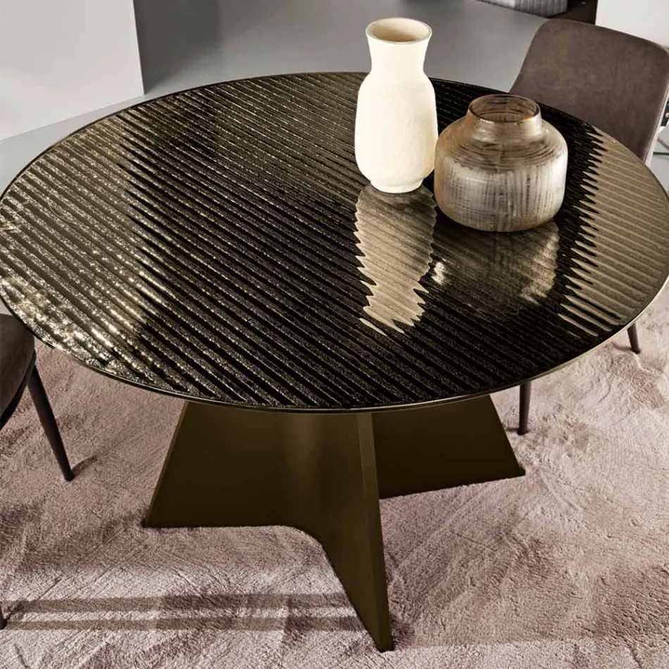 Mesa redonda de cristal con franjas plateadas en la parte posterior, disponible en dos tamaños y fabricada en Italia - Armon Viadurini
