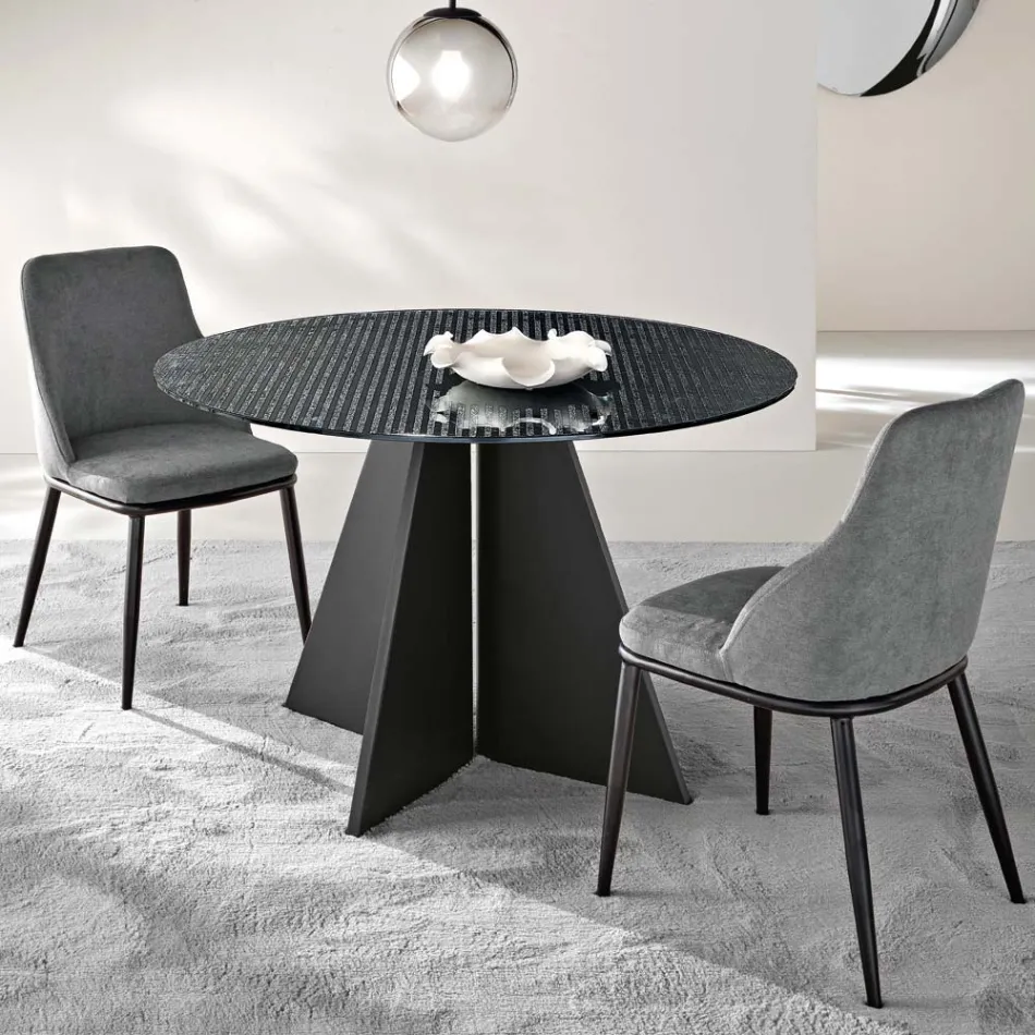Mesa redonda de cristal con franjas plateadas en la parte posterior, disponible en dos tamaños y fabricada en Italia - Armon Viadurini
