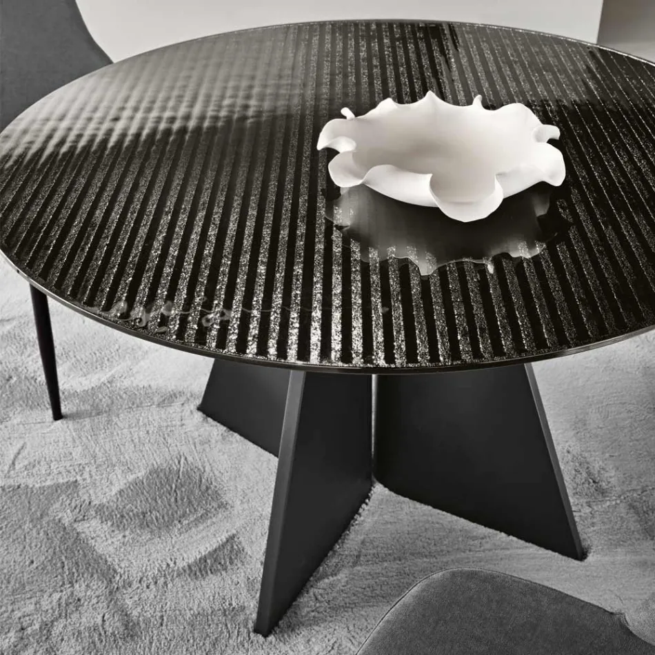 Mesa redonda de cristal con franjas plateadas en la parte posterior, disponible en dos tamaños y fabricada en Italia - Armon Viadurini