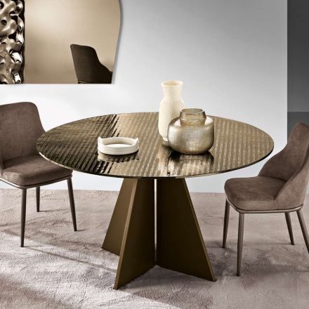 Mesa redonda de cristal con franjas plateadas en la parte posterior, disponible en dos tamaños y fabricada en Italia - Armon Viadurini