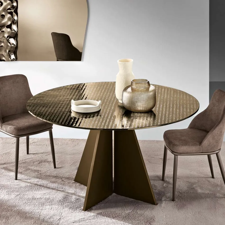 Mesa redonda de cristal con franjas plateadas en la parte posterior, disponible en dos tamaños y fabricada en Italia - Armon Viadurini