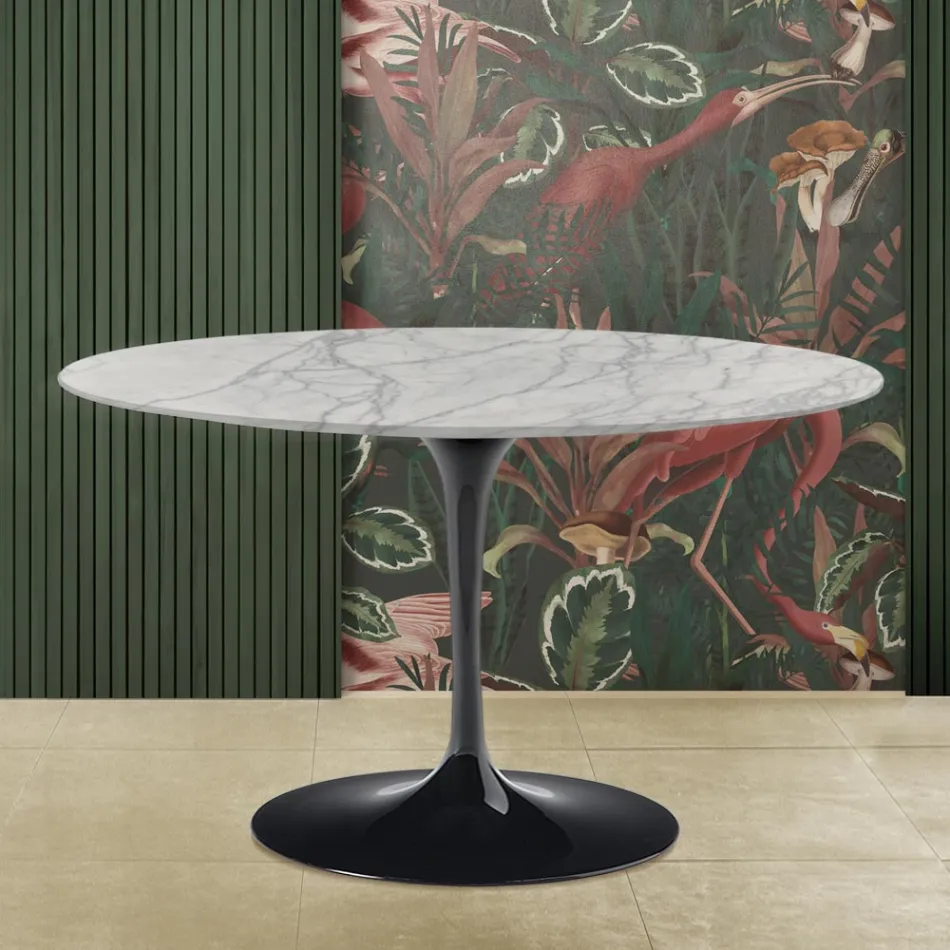 Eero Saarinen Mesa Tulip H 73 con Tapa Redonda en Marmol Statuarietto Carrara Viadurini