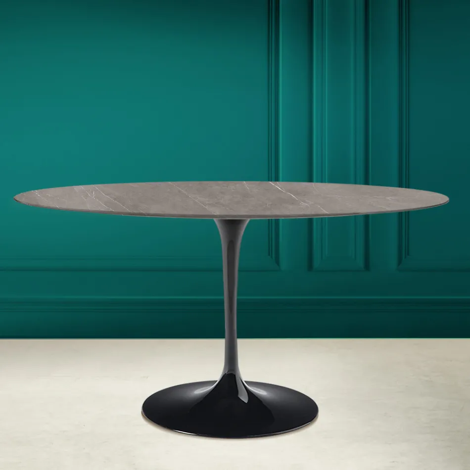 Mesa Tulip Eero Saarinen H 73 Ovalada en Cerámica Pietra Gris Made in Italy - Escarlata Viadurini
