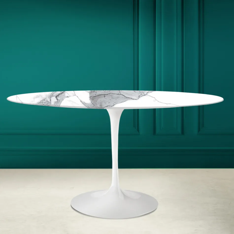 Mesa Tulip Eero Saarinen H 73 Ovalada en Cerámica Statuario Altissimo Made in Italy - Escarlata Viadurini