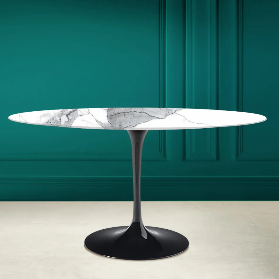 Mesa Tulip Eero Saarinen H 73 Ovalada en Cerámica Statuario Altissimo Made in Italy - Escarlata Viadurini