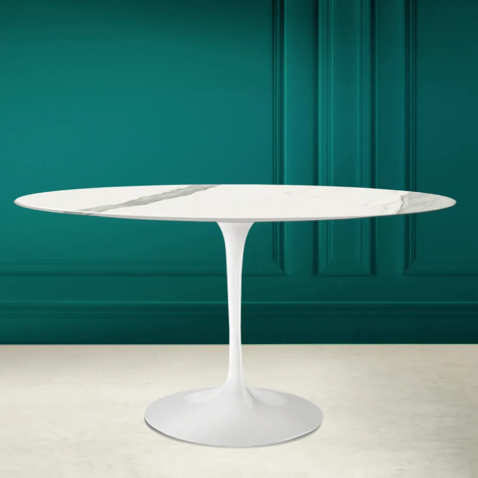 Mesa Tulip Eero Saarinen H 73 Ovalada en Cerámica Statuario Veta Llena - Escarlata Viadurini