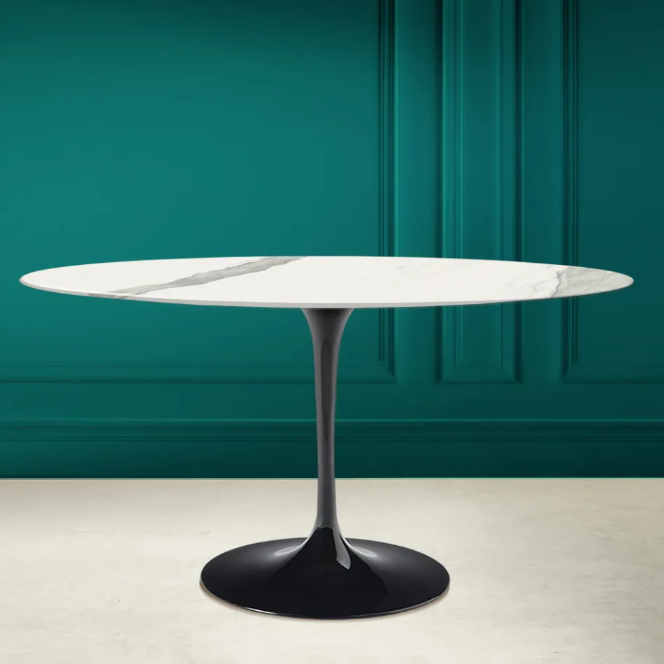 Mesa Tulip Eero Saarinen H 73 Ovalada en Cerámica Statuario Veta Llena - Escarlata Viadurini