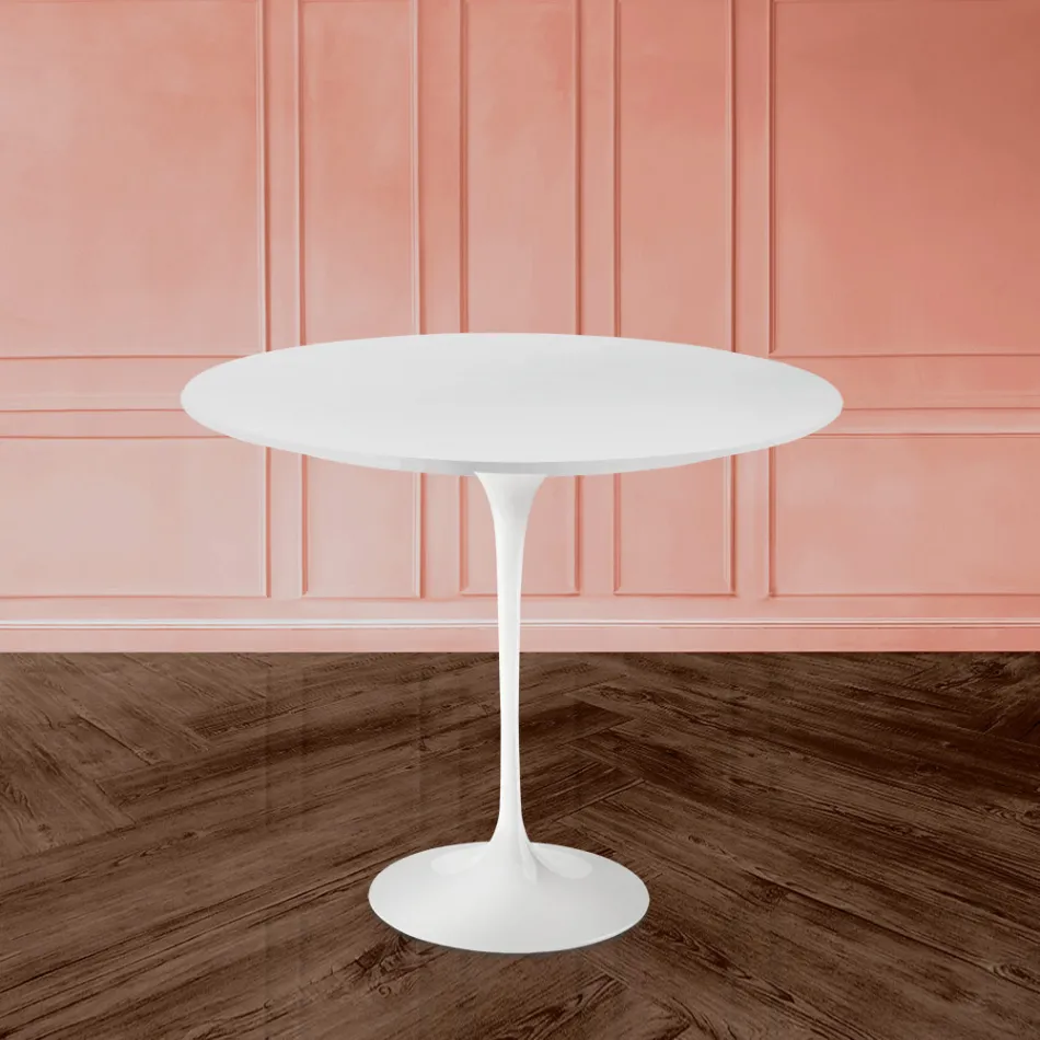Eero Saarinen H 73 Mesa Tulipán Redonda en Laminado Líquido Blanco Made in Italy - Escarlata Viadurini