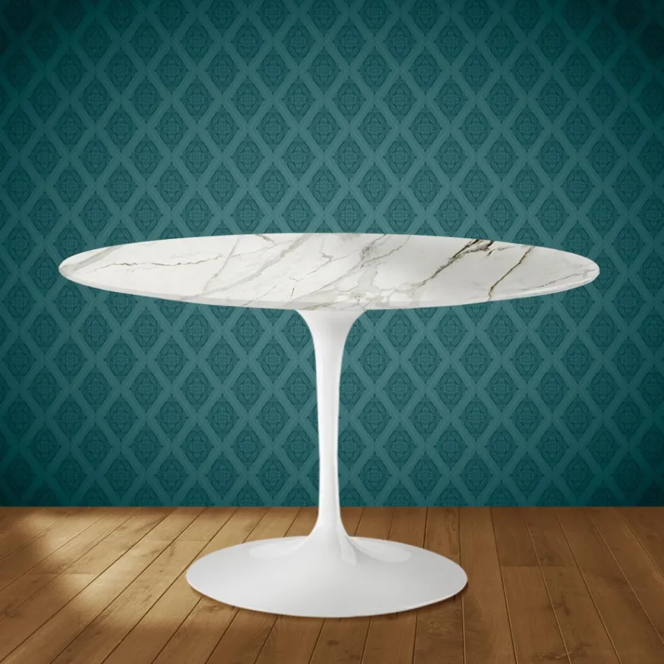 Mesa Tulipán de Eero Saarinen, 187 cm de altura, cerámica pulida, fabricada en Italia - Escarlata Viadurini
