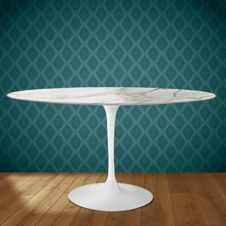Mesa Tulipán de Eero Saarinen, 74 cm de altura, ovalada, de cerámica brillante, fabricada en Italia - Escarlata Viadurini