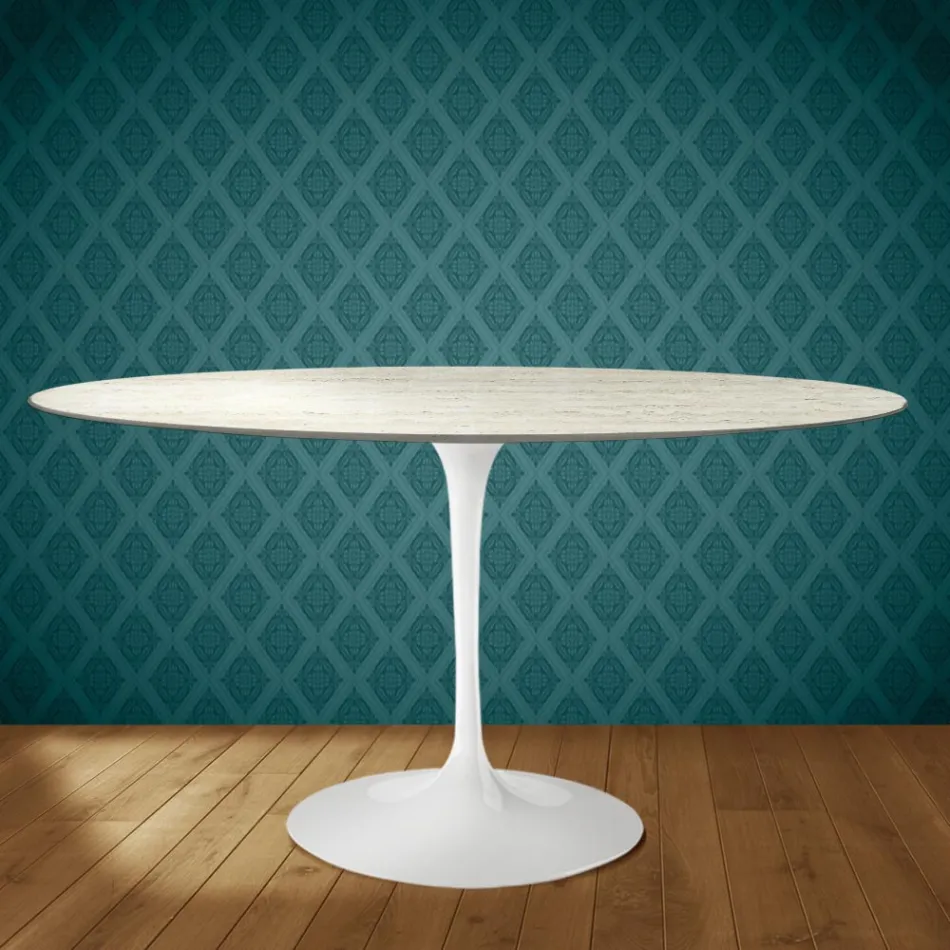 Mesa Tulipán de Eero Saarinen, 74 cm de altura, ovalada, en cerámica Marmorio, fabricada en Italia - Escarlata Viadurini