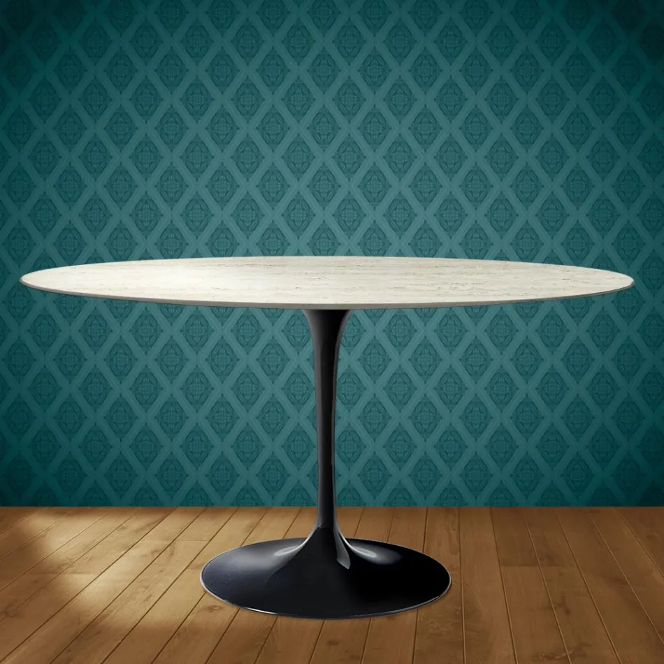 Mesa Tulipán de Eero Saarinen, 74 cm de altura, ovalada, en cerámica Marmorio, fabricada en Italia - Escarlata Viadurini