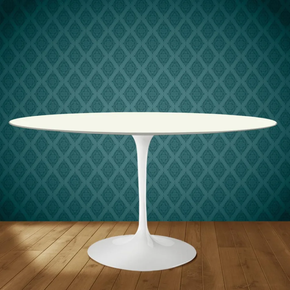 Mesa Tulipán de Eero Saarinen, 74 cm de altura, ovalada, en cerámica Moonè, fabricada en Italia - Escarlata Viadurini
