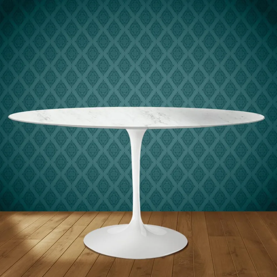 Mesa Tulipán de Eero Saarinen, ovalada, de 74 cm de altura, en cerámica Salina, fabricada en Italia - Escarlata Viadurini