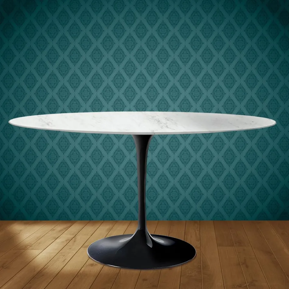 Mesa Tulipán de Eero Saarinen, ovalada, de 74 cm de altura, en cerámica Salina, fabricada en Italia - Escarlata Viadurini