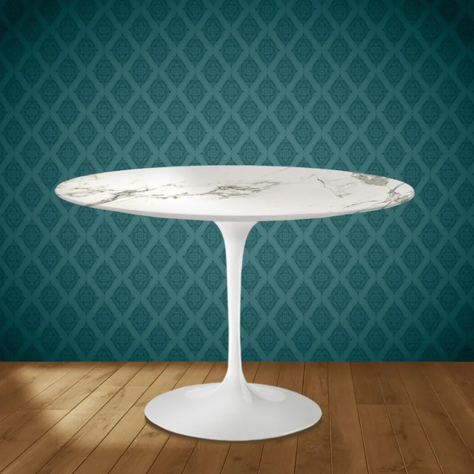 Mesa Tulip de Eero Saarinen, redonda, de 74 cm de altura, en cerámica Aura 22, fabricada en Italia - Escarlata Viadurini