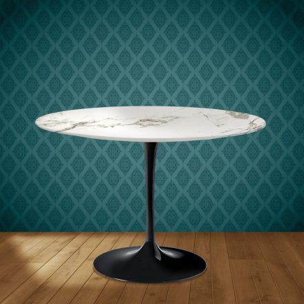 Mesa Tulip de Eero Saarinen, redonda, de 74 cm de altura, en cerámica Aura 22, fabricada en Italia - Escarlata Viadurini