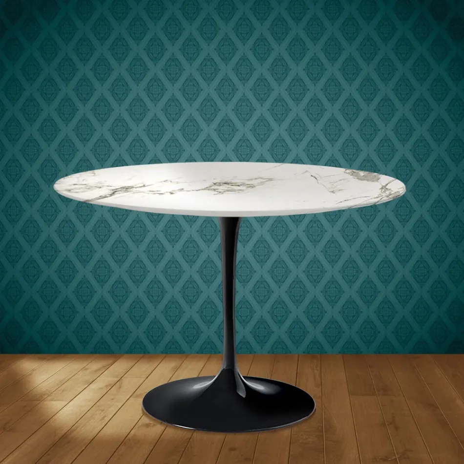 Mesa Tulip de Eero Saarinen, redonda, de 74 cm de altura, en cerámica Aura 22, fabricada en Italia - Escarlata Viadurini
