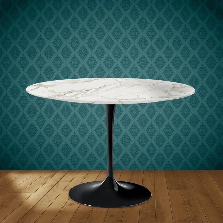 Mesa Tulip de Eero Saarinen, redonda, de 74 cm de altura, en cerámica brillante, fabricada en Italia - Scarlet Viadurini