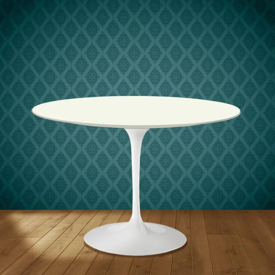 Mesa Tulip de Eero Saarinen, redonda, de 74 cm de altura, en cerámica Moonè, fabricada en Italia - Escarlata Viadurini